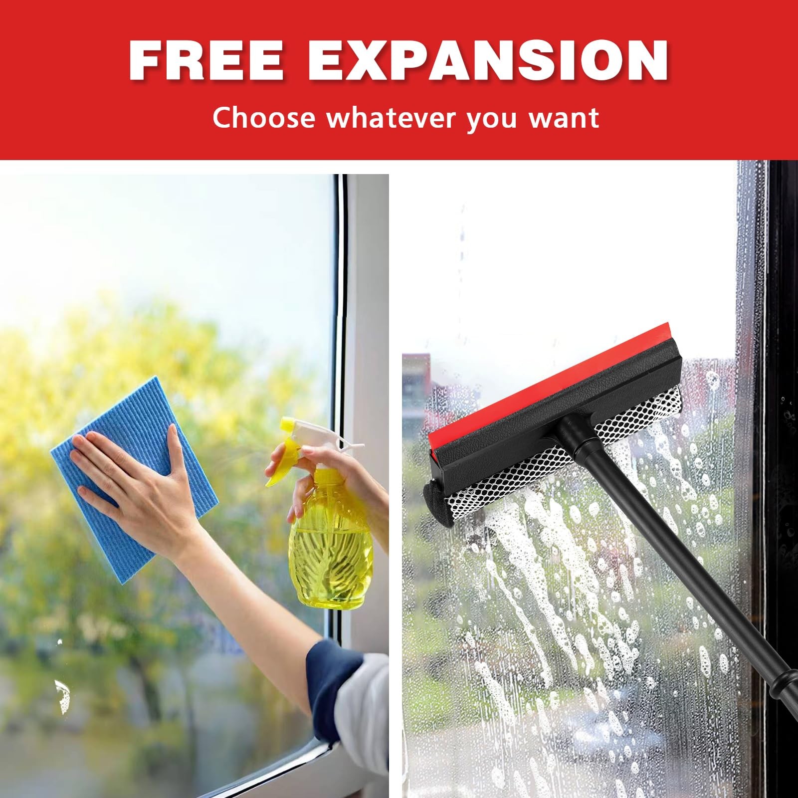 Professional 8.1" 2 in 1 Window Squeegee with 16" Long Handle,Car Black