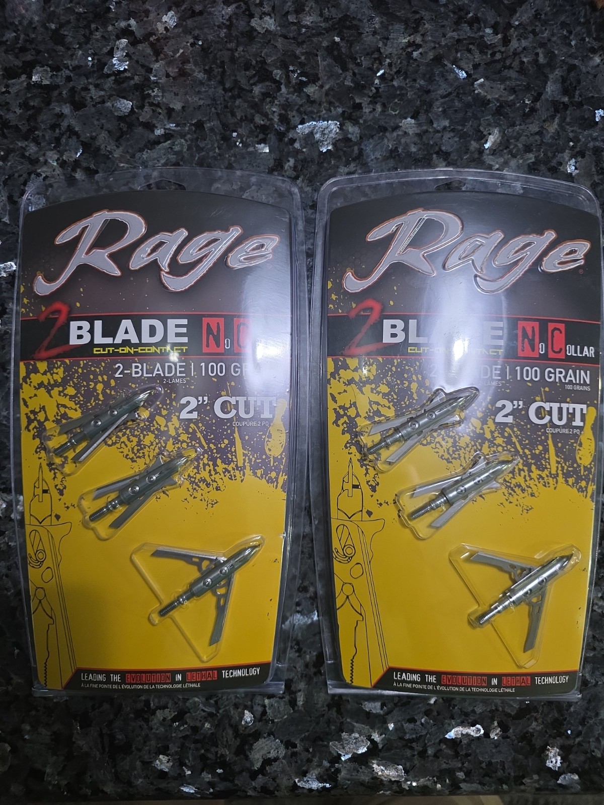 2 PACK Rage 2 Blade 100 Grain Cut-On-Contact No Collar Broadhead 3 Packs NEW