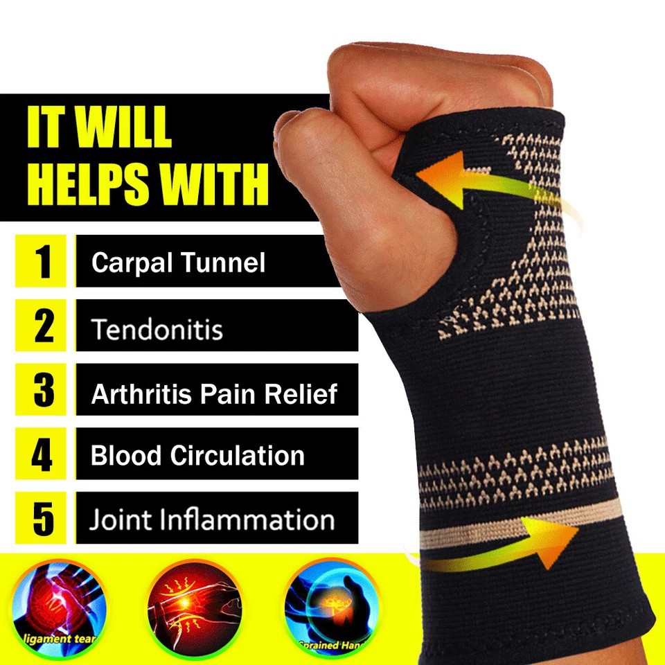 2pcs Copper Wrist Compression Sleeve Comfortable Hand Brace Support for Arthriti
