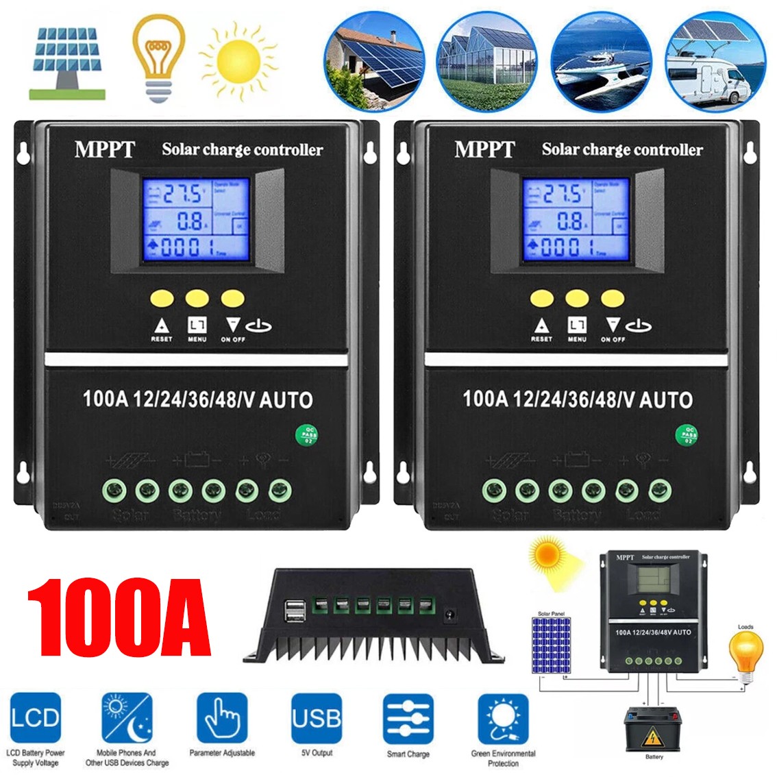 2PC 4000W 100A MPPT Solar Charge Controller 12V 24V 36V 48V Battery PV Regulator