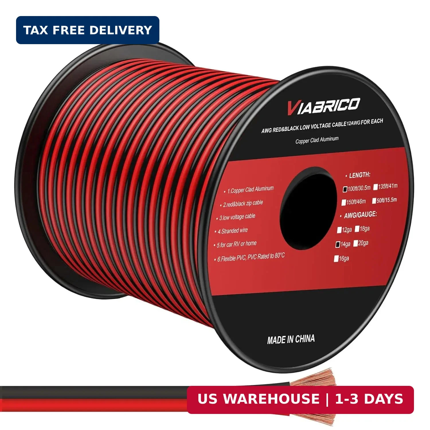 VIABRICO 14AWG 100FT Electrical Wire Cable 2 Conductors Red Black Hookup LED Lig