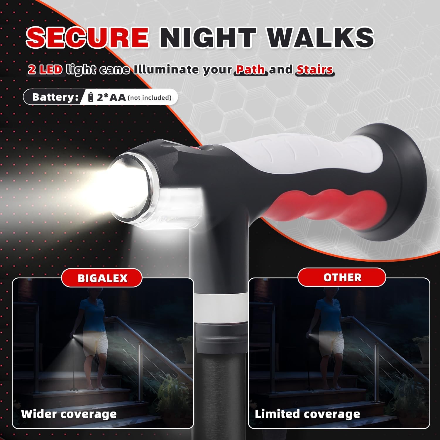 BigAlex Folding Walking Cane w/ 2 LED Lights for Elderly, Adjustable, Solid Base