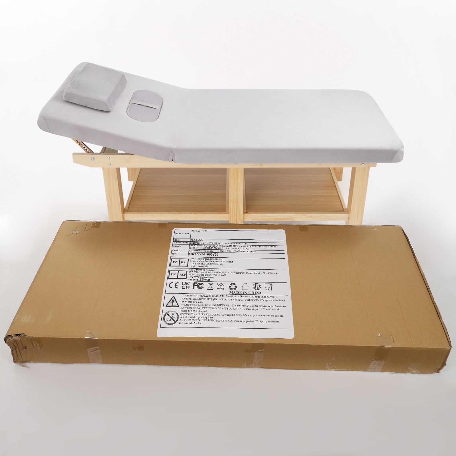 6 Legs Wide Solid Wood Spa Massage Bed, Adj Backrest Physical Treatment Bed