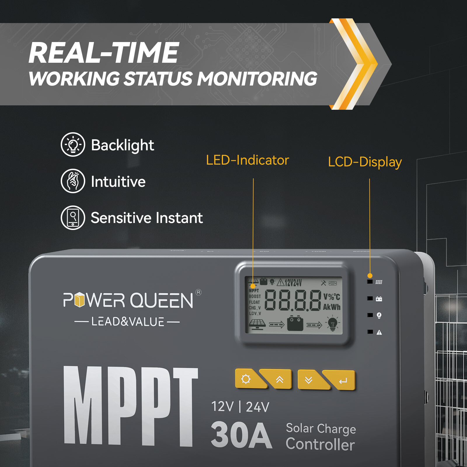 Power Queen 12V 24V 30A MPPT Smart Solar Charge Controller Regulator Bluetooth