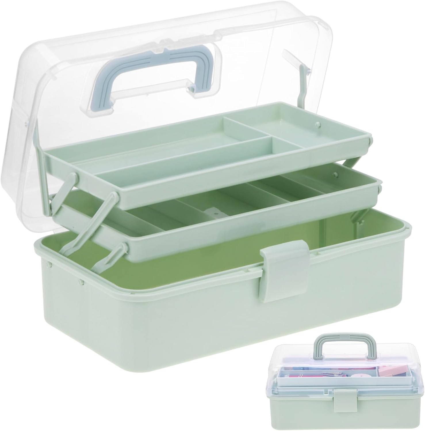 Tackle Box, 3-Layer Craft Sewing Medicine Hair Tool Organizer Haze Green | 3-Lay