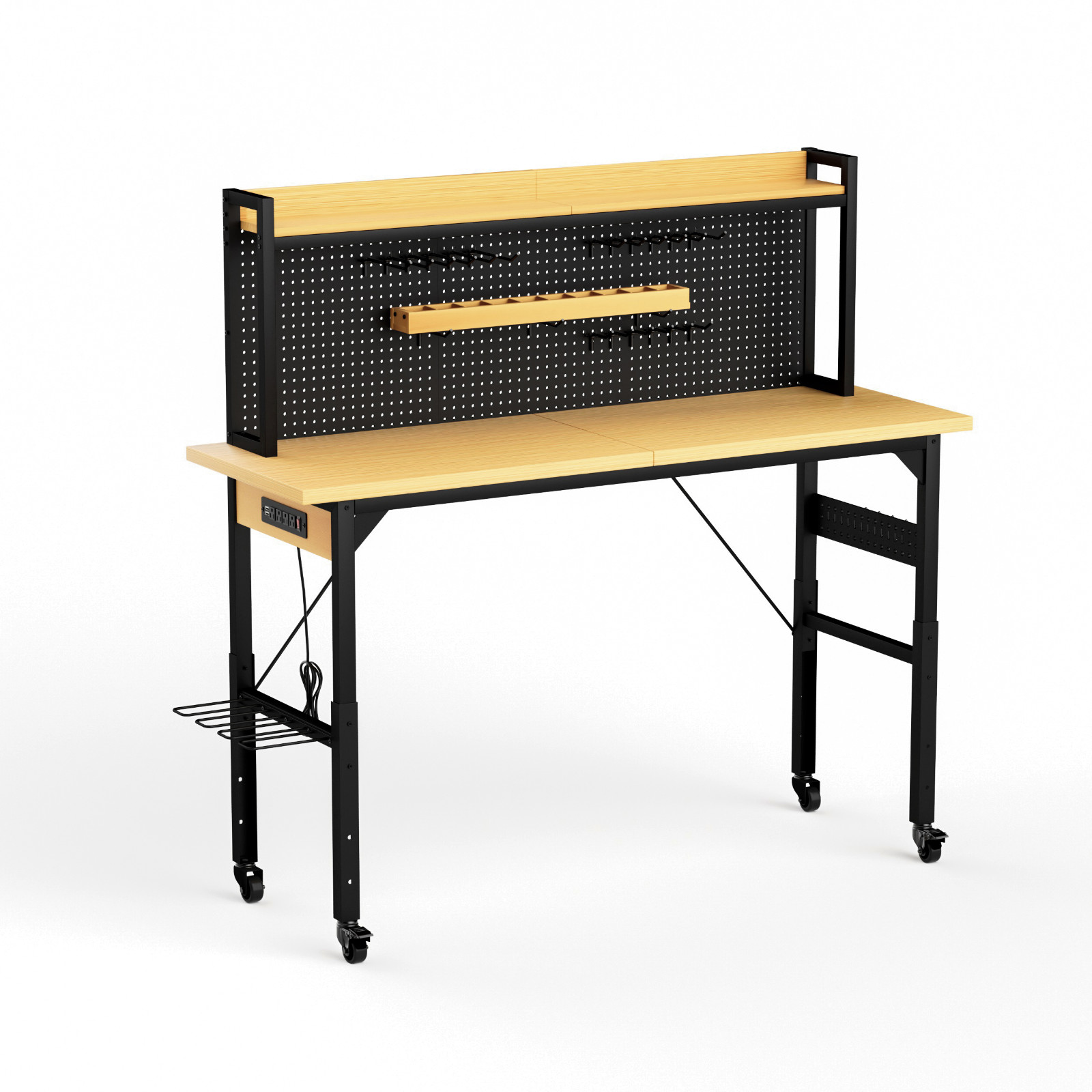 Heavy Duty Adjustable Workbench w/Pegboard, Wheels, 1600lb Capacity, AC Outlet