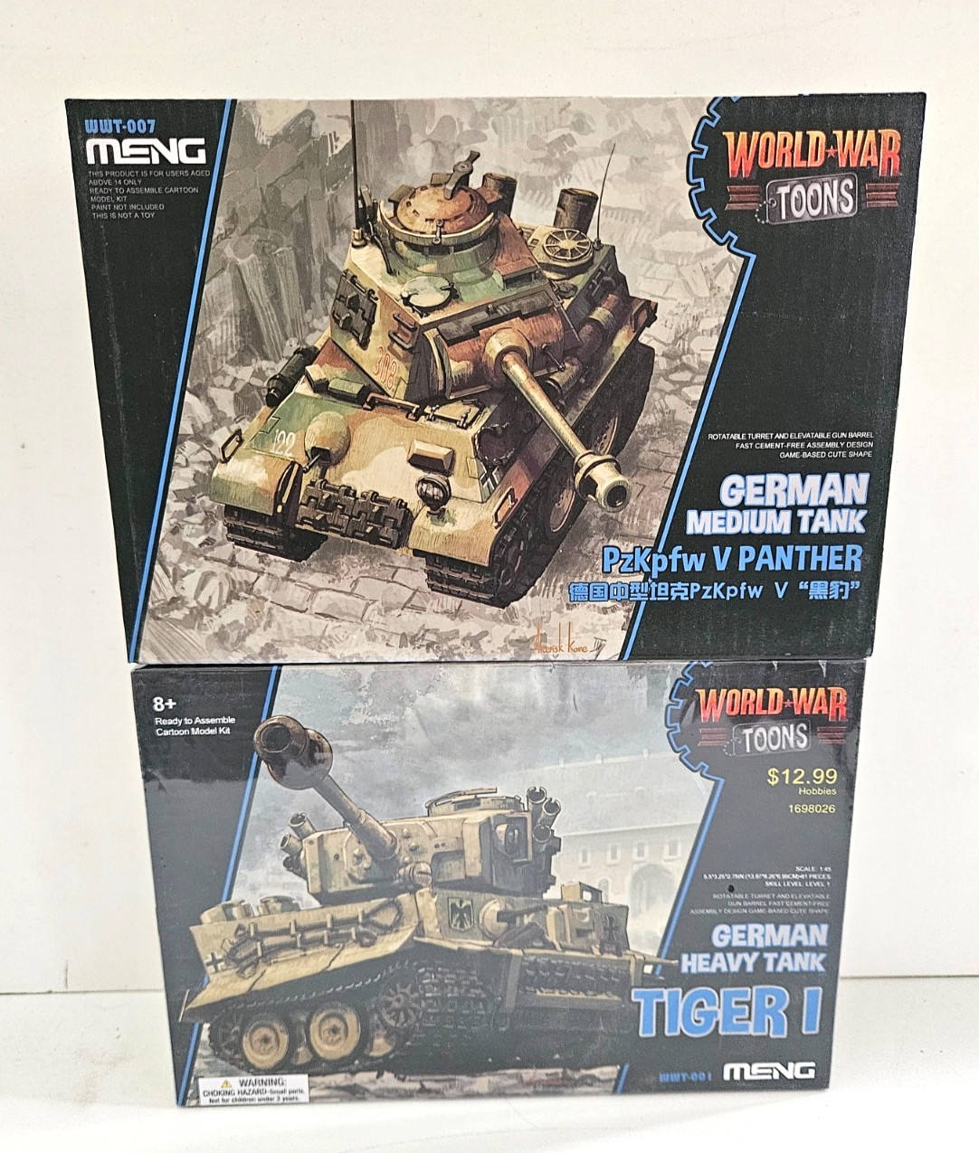 2X LOT MENG WORLD WAR TOONS PANTHER + TIGER NEW PLASTIC MODEL TANKS