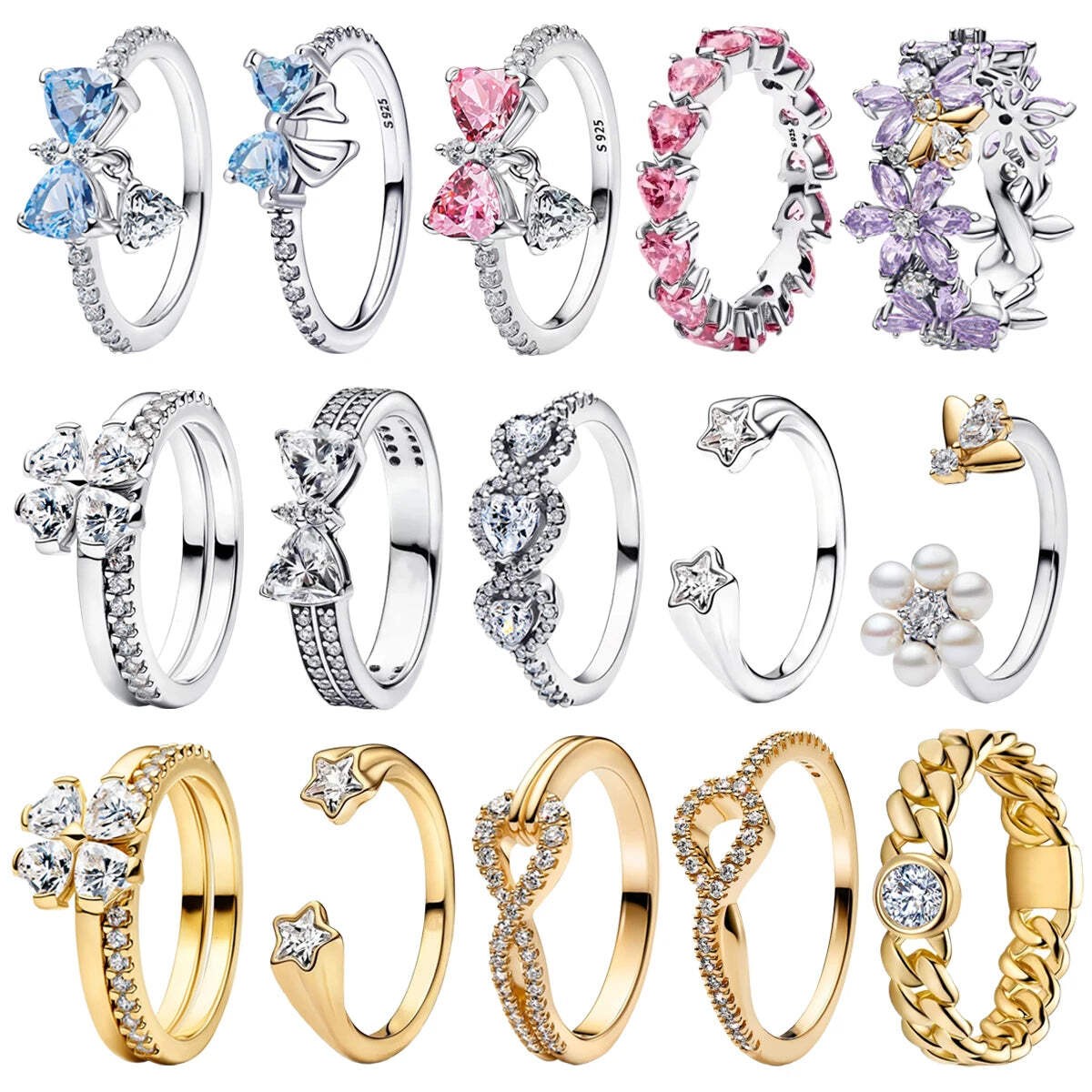 Luxury Original 925 Sterling Silver Heart-shaped Bow Flower Ring fit Women's Hig