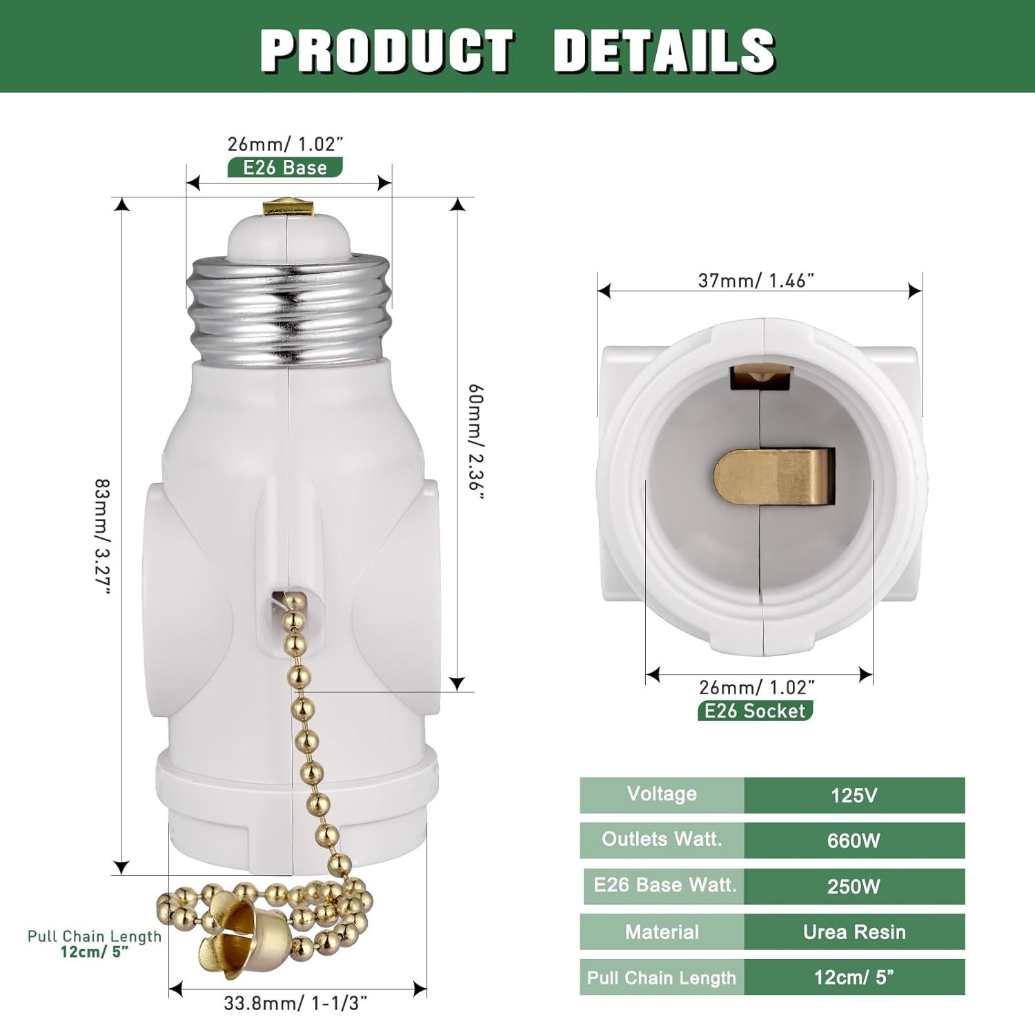 2-Pack E26 Light Socket Adapter - Converts Medium Screw Socket to Two Outlets...