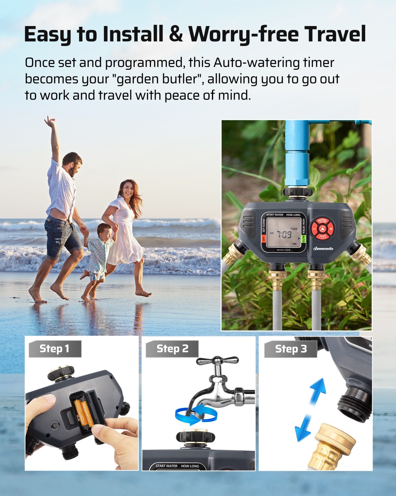 Sprinkler Timer 4 Zone Outdoor, Programmable Water Timer with Rain Delay Manual