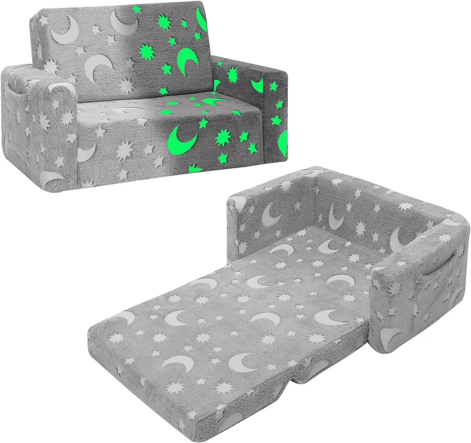 2-in-1 Toddler Couch and Chair, Glow in the Dark Kids Sofa - Gray Sky