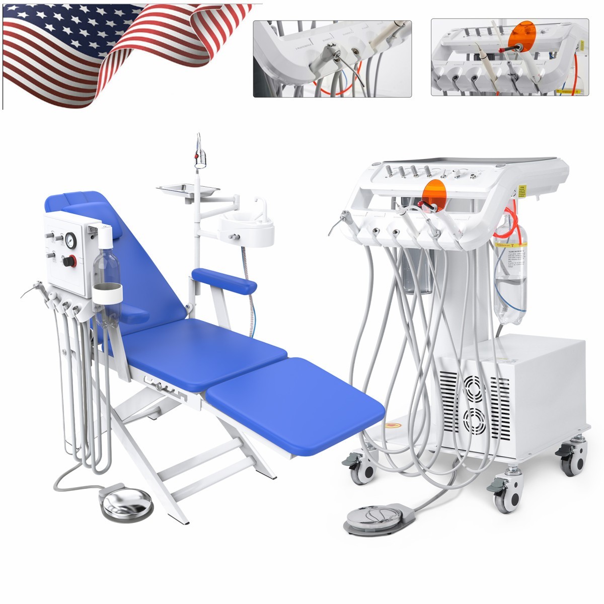 Portable Dental Delivery Unit Air Compressor Cart +Curing Light +Scaler/ Chair