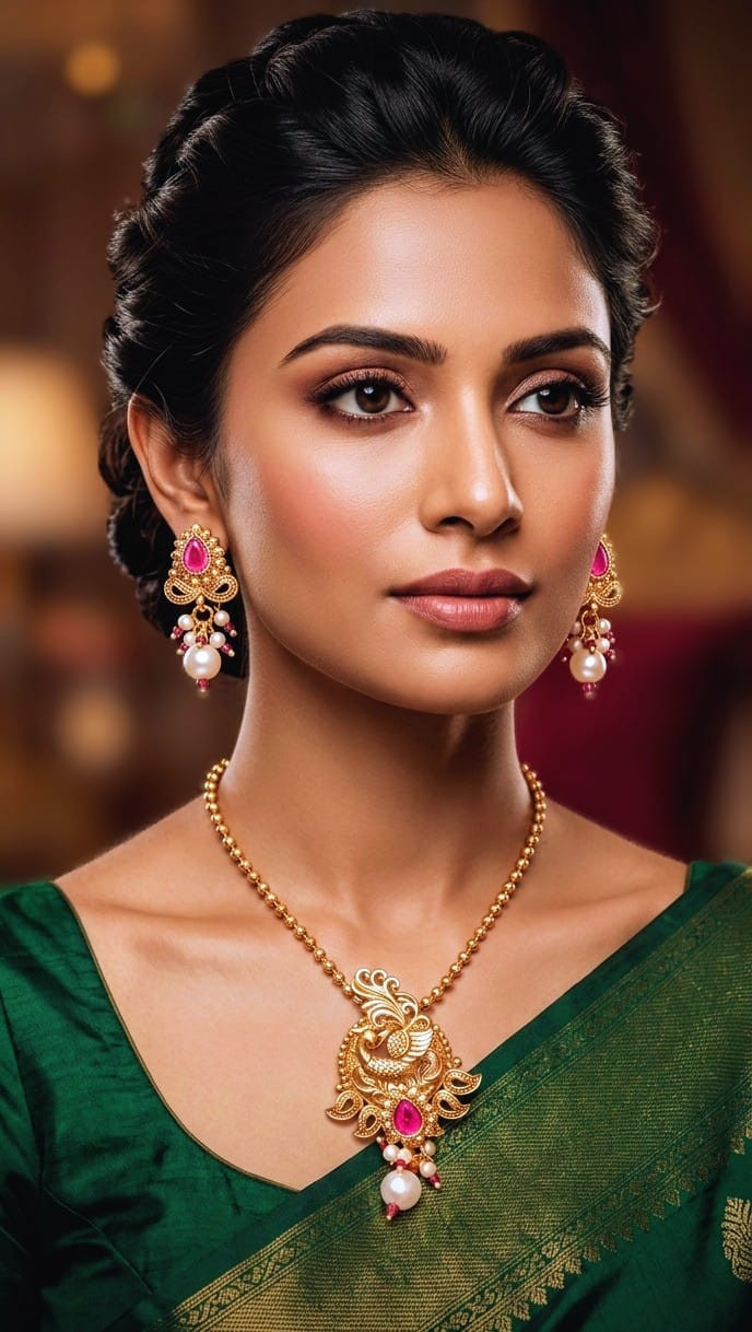 Antique Gold Temple Jewellery Set with Pink Stone Pendant & Jhumka Earrings