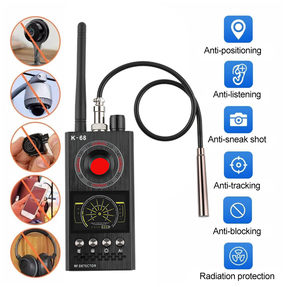 K68 Anti-Spy RF Detector Camera GSM Audio Bug GPS Finder Scanner Tracker 2024