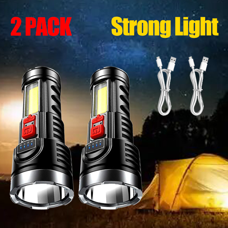 2*Super Bright 4 Modes Multi-function Rechargeable Flashlight Camping COB Torch