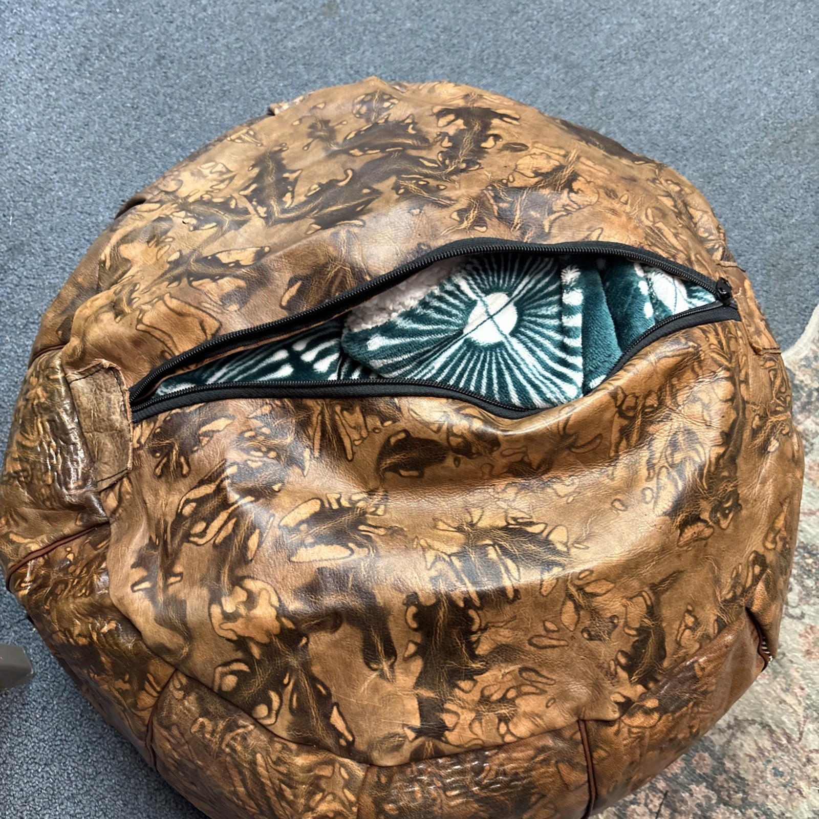 Moroccan Pouf Leather Ottoman, Will Come Unstuffed