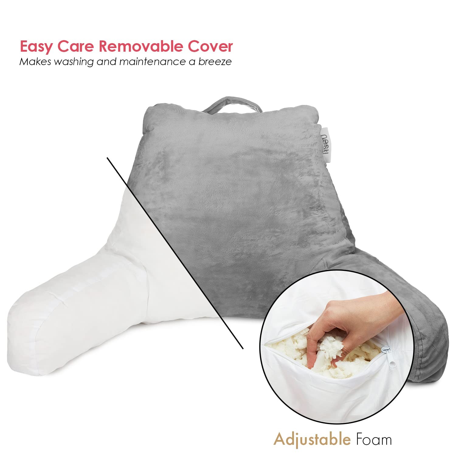 Sitting Up Pillow For Bed, Adjustable Arm Support, Grey