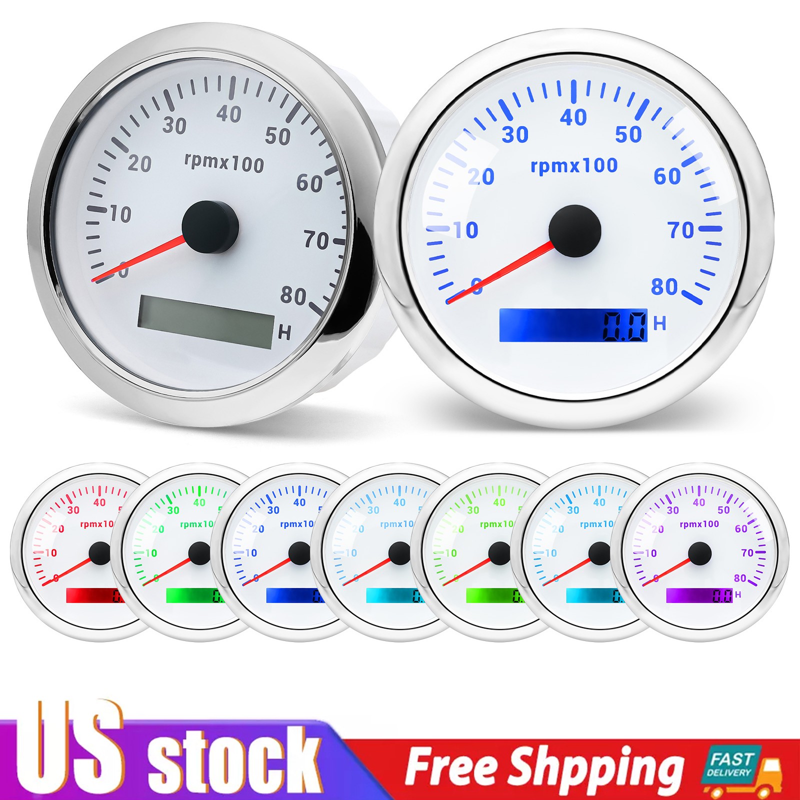 85mm Waterproof Tachometer Gauge 0-8000RPM W/ 7 Colors LED For Car Boat US STOCK