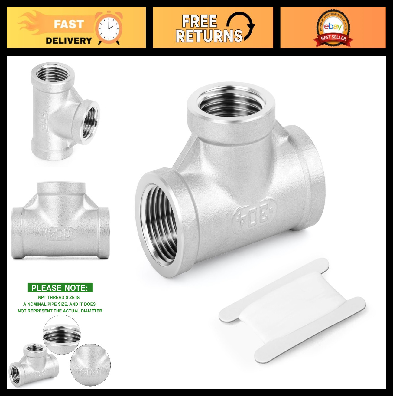 304 Stainless Steel Tee Pipe Fittings 2" x 2" x 2" NPT Female Connector - Durabl