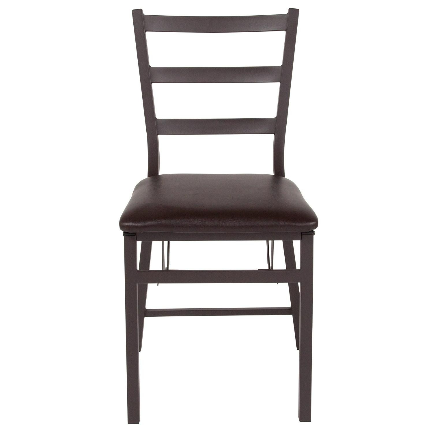 2 PK Brown Folding Ladder Back Metal Chair - Brown Vinyl Seat - Dining Furniture