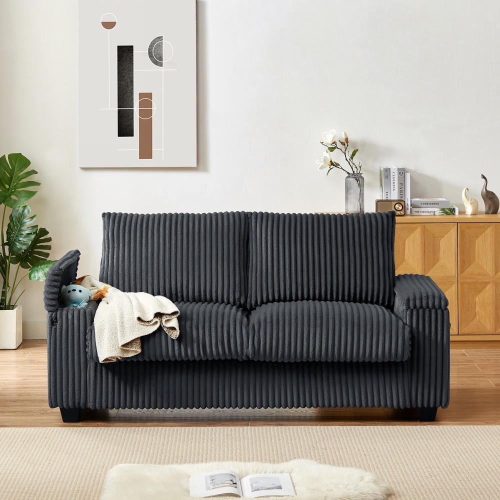 71" Corduroy Sofa with Storage Armrest USB and Plush Square Design