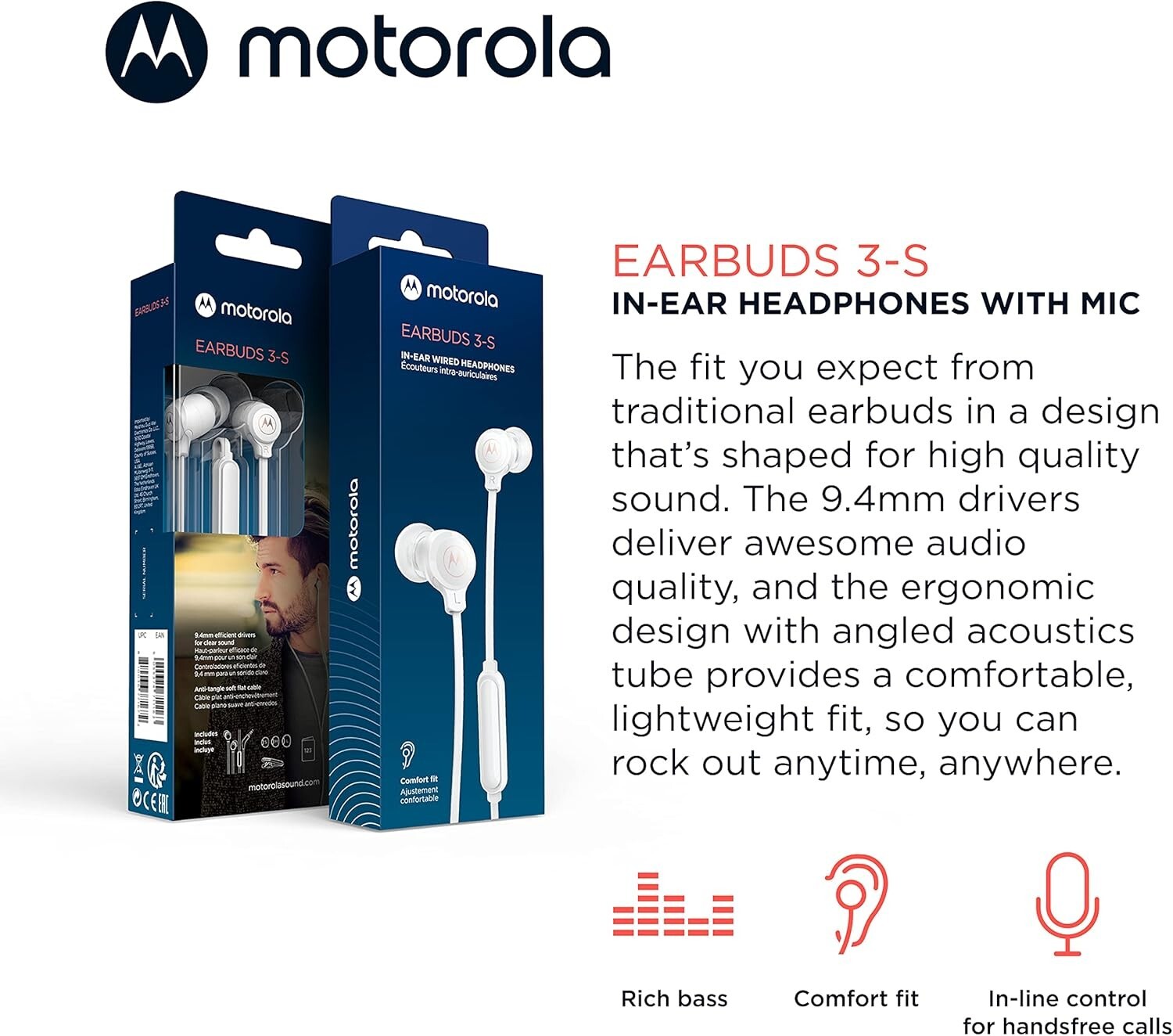 Motorola Earbuds 3-S Wired Earbuds with Microphone, jack 3.5mm white new,sealed