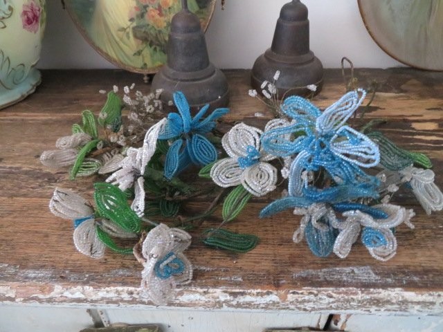 Bunches GORGEOUS OLD Vintage French WHITE & BLUE GLASS BEADED FLOWERS on Stems