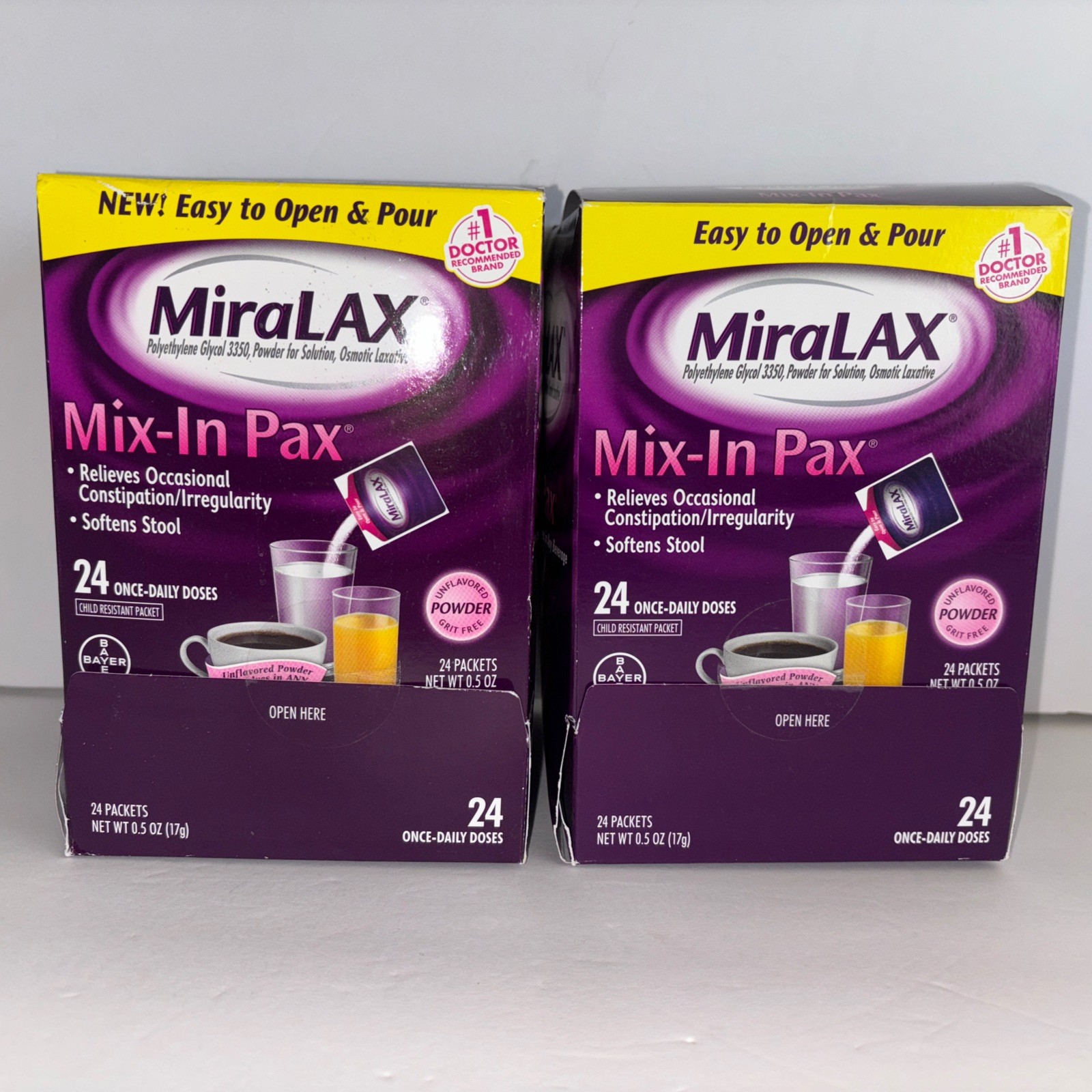 Lot Of 2 - Miralax Single Mix-In Pax Laxative Dose Packets 24 Doses Exp 2027