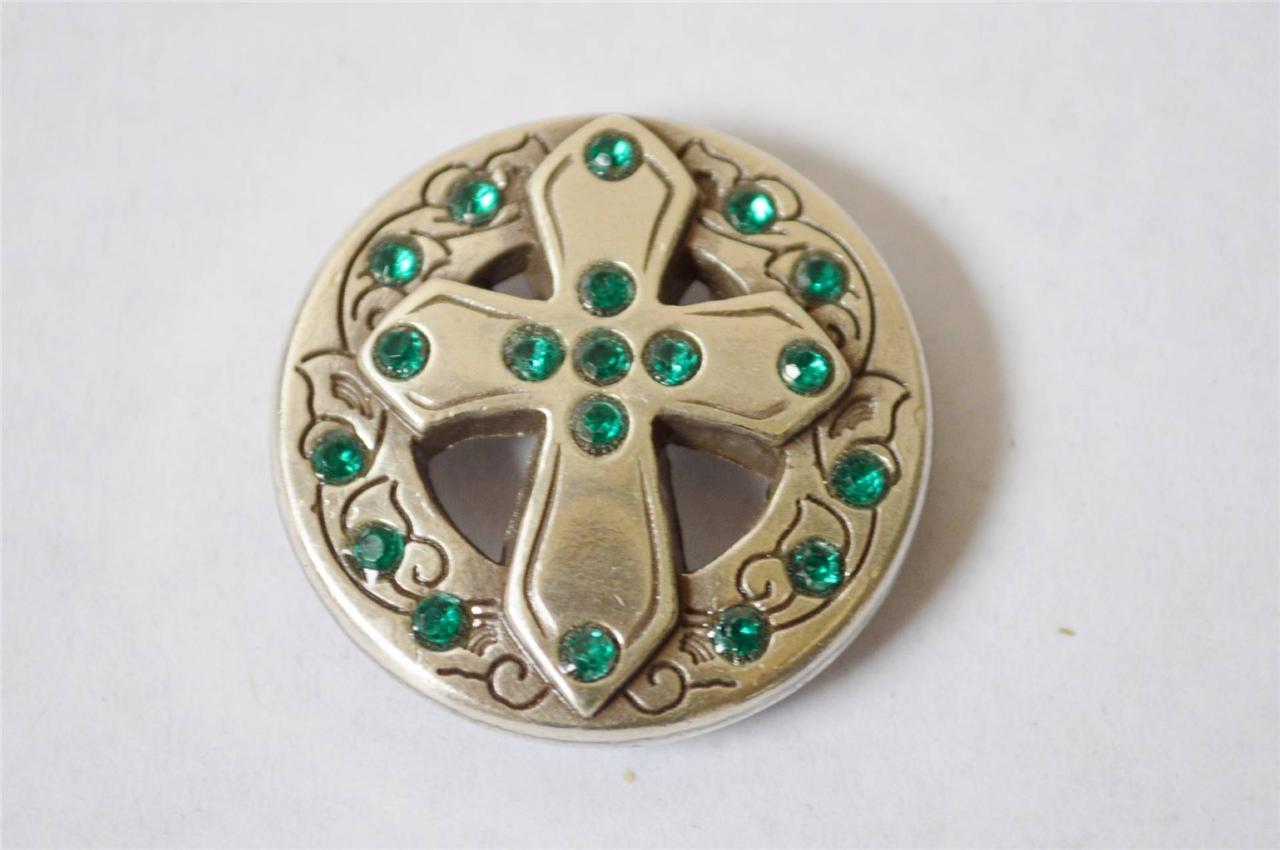 New Enmon Green Rhinestone Cross Concho Leather Western Belt Round Silver Tack