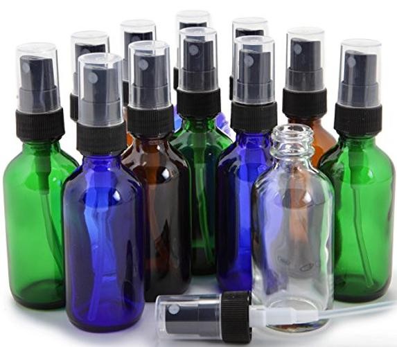 , 12, Assorted Colors, 2 oz Glass Bottles, with Black Fine Mist Sprayers