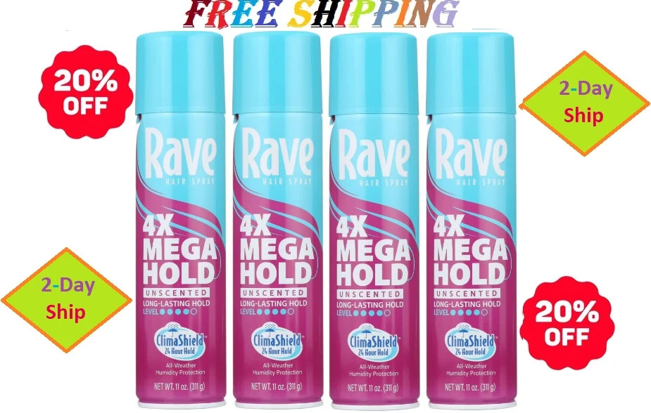 Rave 4X Mega Shine Hold Enhancing Unscented Hair Spray, 11 oz, 4 Pack