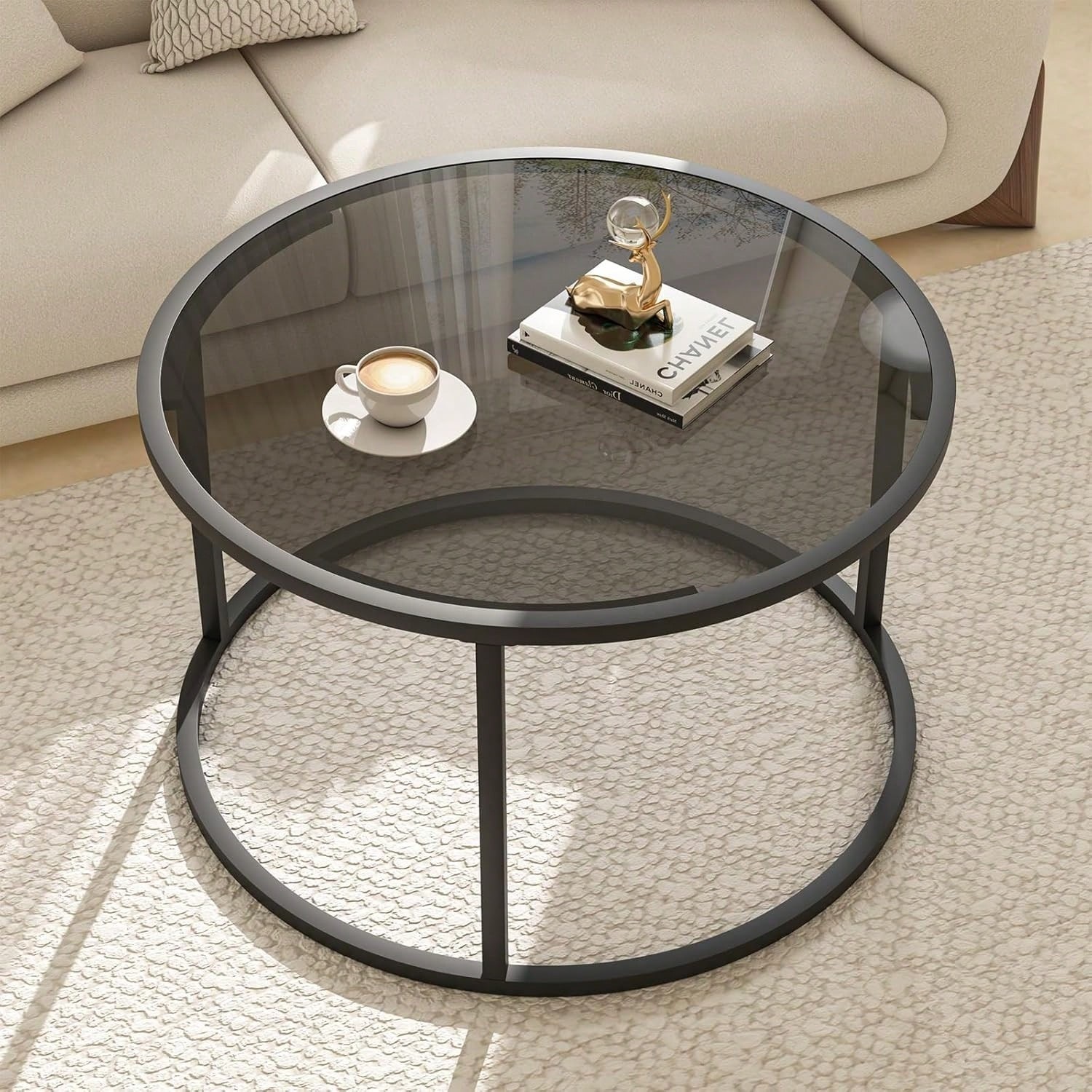 27 Inch Round Glass Coffee Table With Metal Frame Modern Center Table For Living
