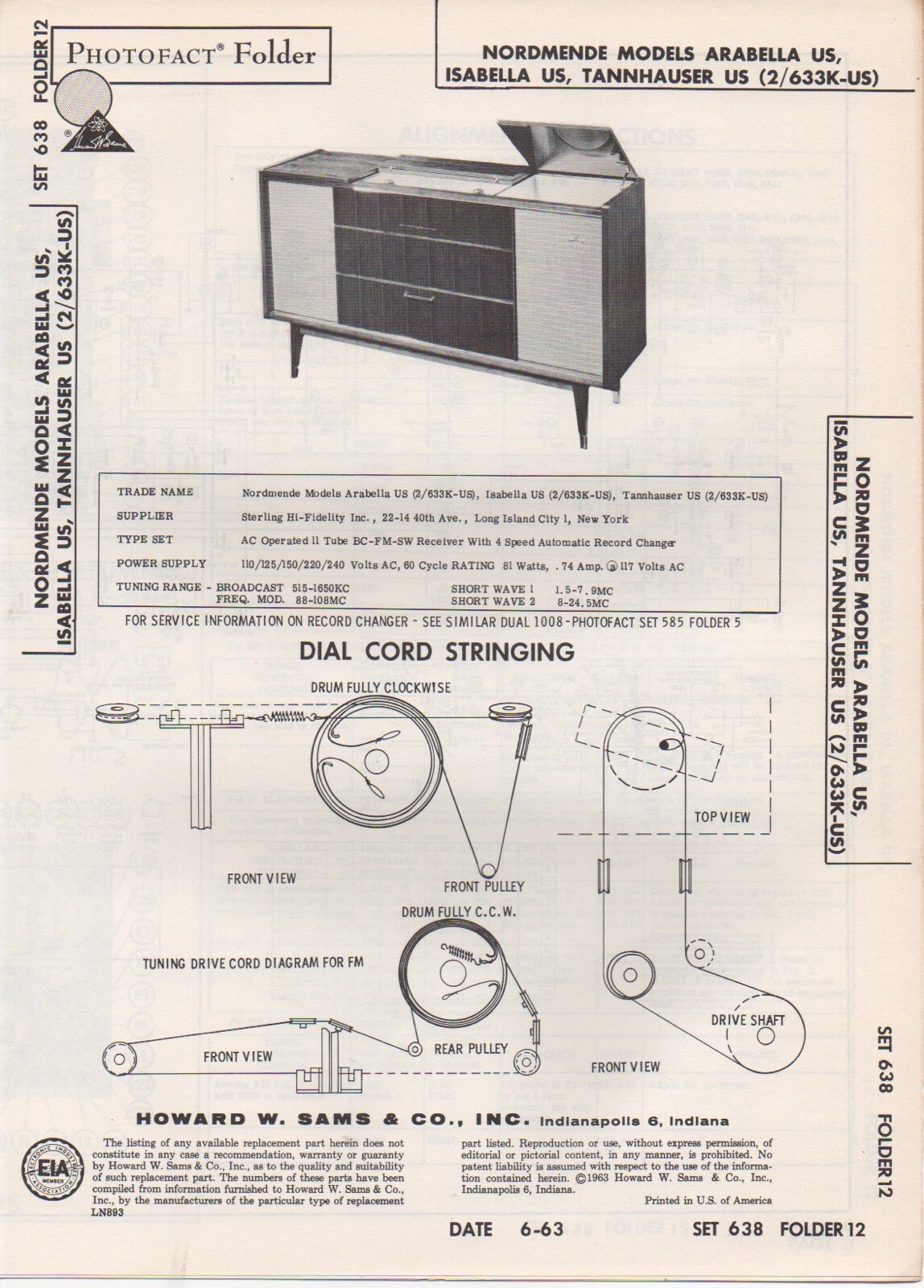 1963 NORMENDE ARABELLA US SERVICE MANUAL ISABELLA TANNHAUSER PHOTOFACT SCHEMATIC