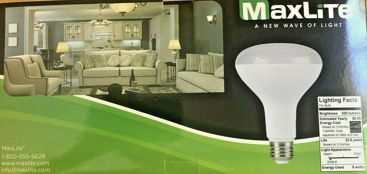 4 Bulbs Maxlite BR30 E26 LED Light Bulbs 8W / 65W Equivalent Soft White Dimmable