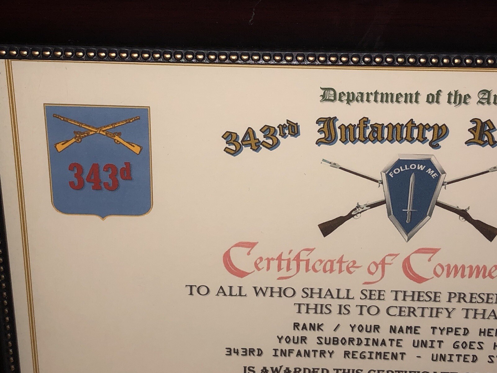 343RD INFANTRY REGIMENT / COMMEMORATIVE - CERTIFICATE OF COMMENDATION