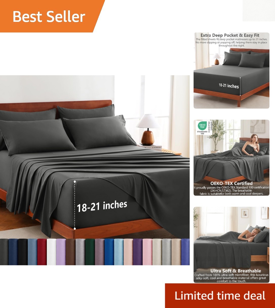 Machine Washable 6-Piece Dark Grey Queen Sheets - Oeko-TEX Certified Comfort
