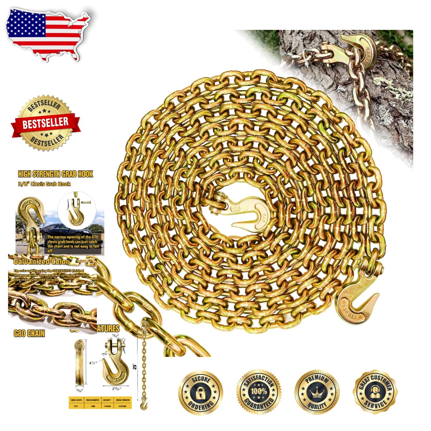 Heavy Duty 3/8" G80 Alloy Tow Chain 25ft | NACM Compliant Safety Trailer Chain