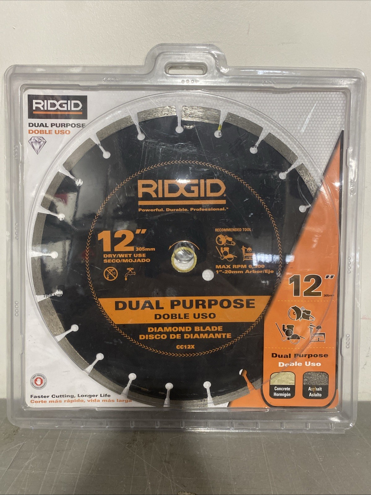 Ridgid 12" Dry Wet Dual Purpose Diamond Blade 1"-20mm CC12X Concrete Asphalt