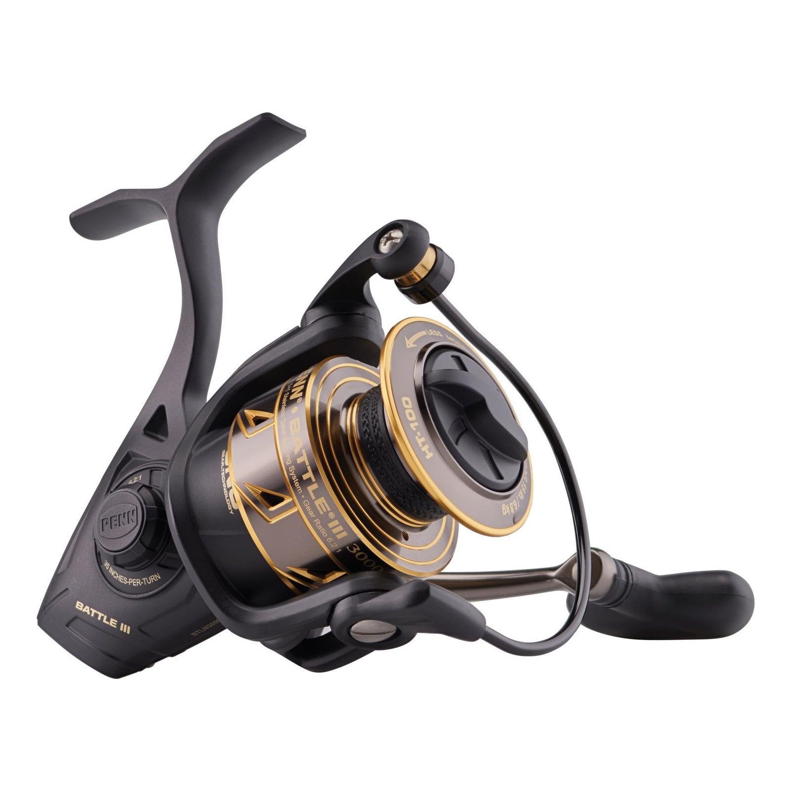 PENN Battle III Spinning Fishing Reel HT-100 Front Drag 15lb Max Black Gold