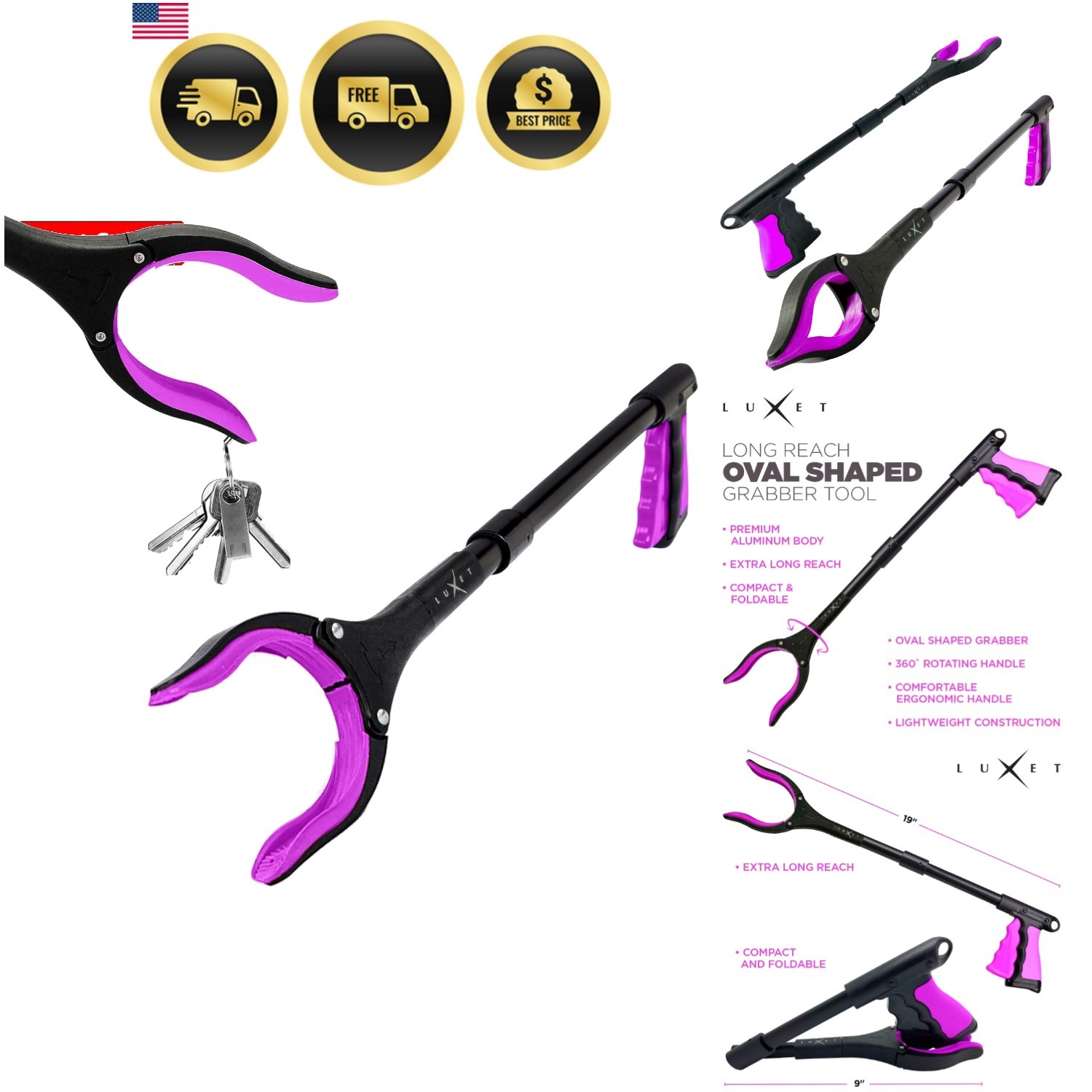 Grabber Reacher Tool 19 Inch Long, Foldable Pick Up Stick - Strong Grip Magne...