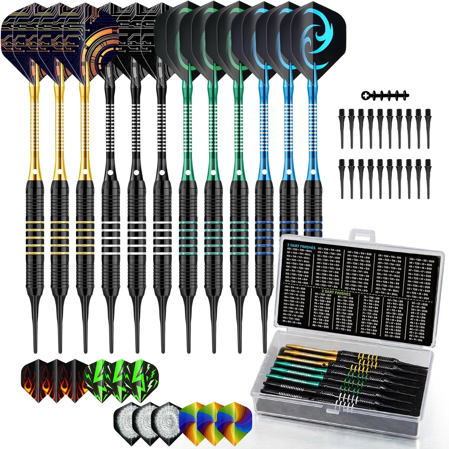 12Pcs Soft Tip Darts, 18 Gram Plastic Tip Dart Sets with 4 Color Aluminum Shafts