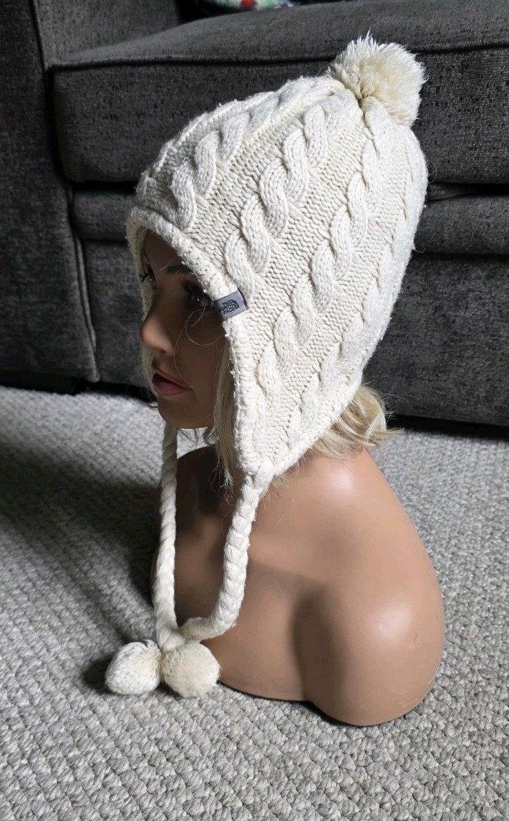 The North Face Women’s Fuzzy Earflap Beanie Cable Knit Ivory Women's OS