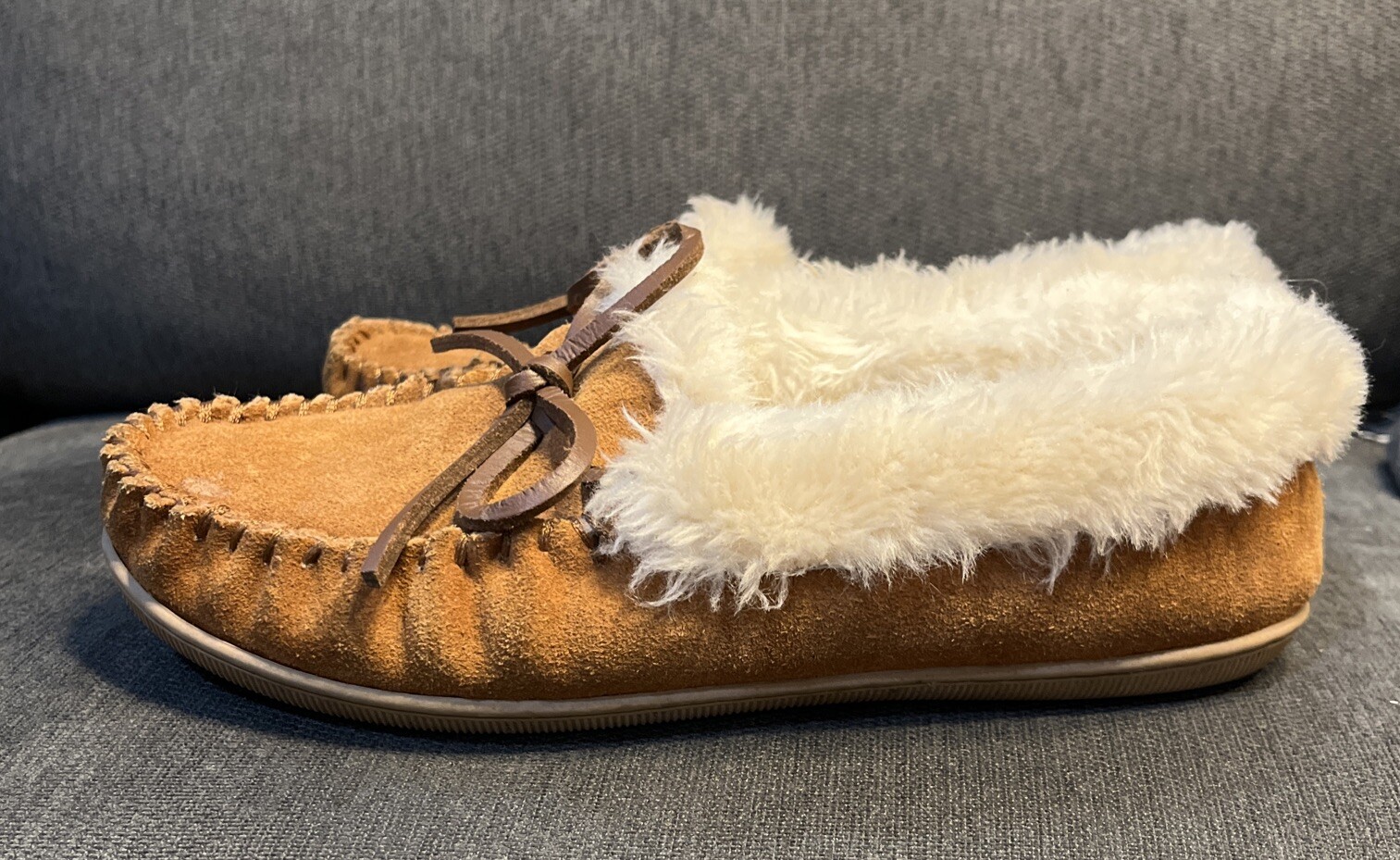 J Crew Suede Faux Shearling Lodge Moccasin Slippers Dark Nutmeg Size 6