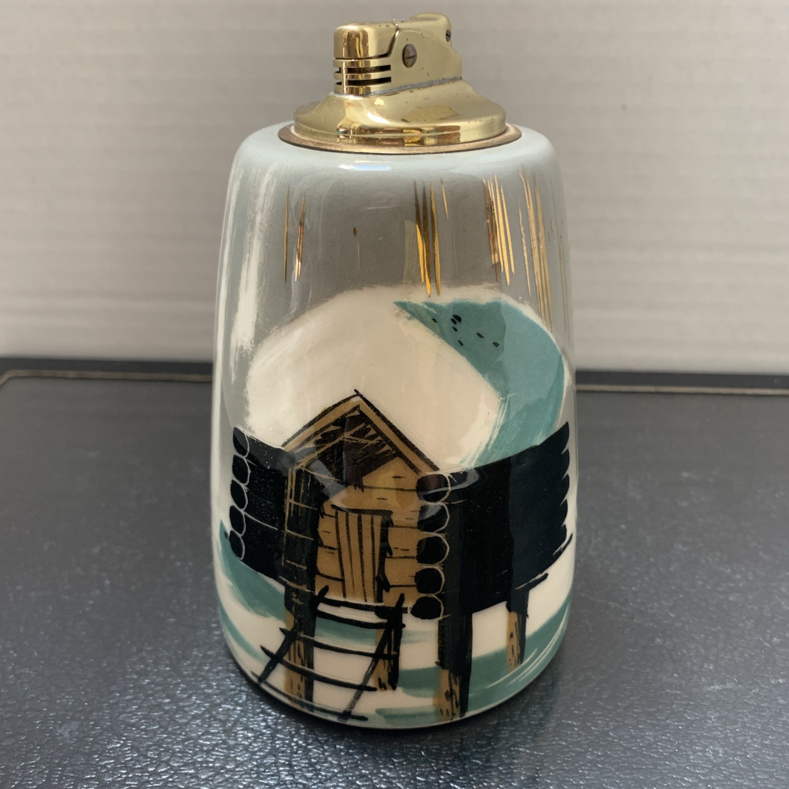 Matthew Adams Signed Studio Pottery Table Lighter Cabin Scene Green Glaze