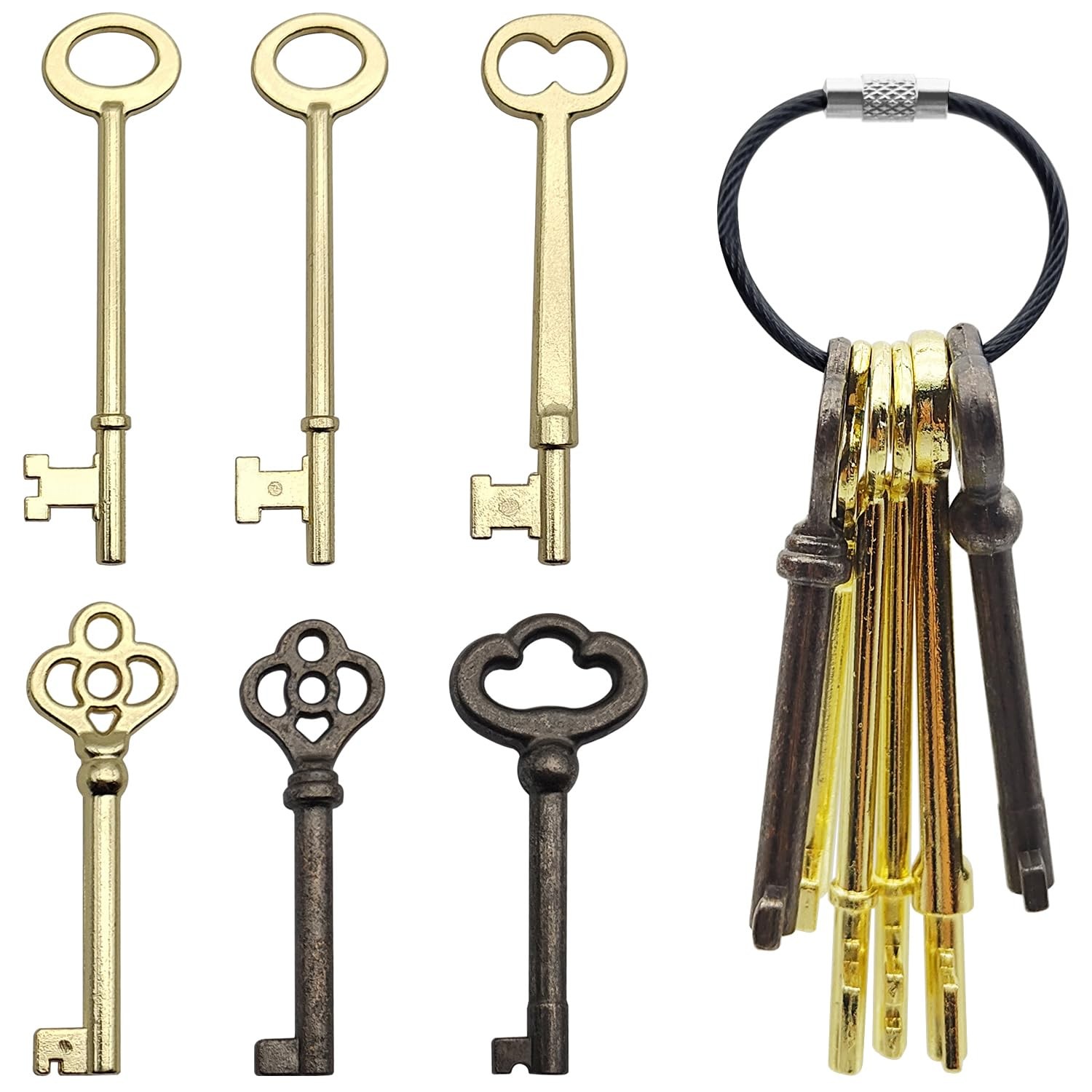 Skeleton Key Set, 6 Pcs Hollow Barrel Skeleton Keys with Wire Rope Keychain, ...