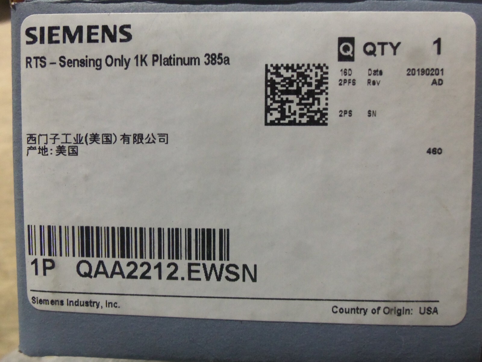 New Siemens QAA2212.EWSN Room Temperature Sensor