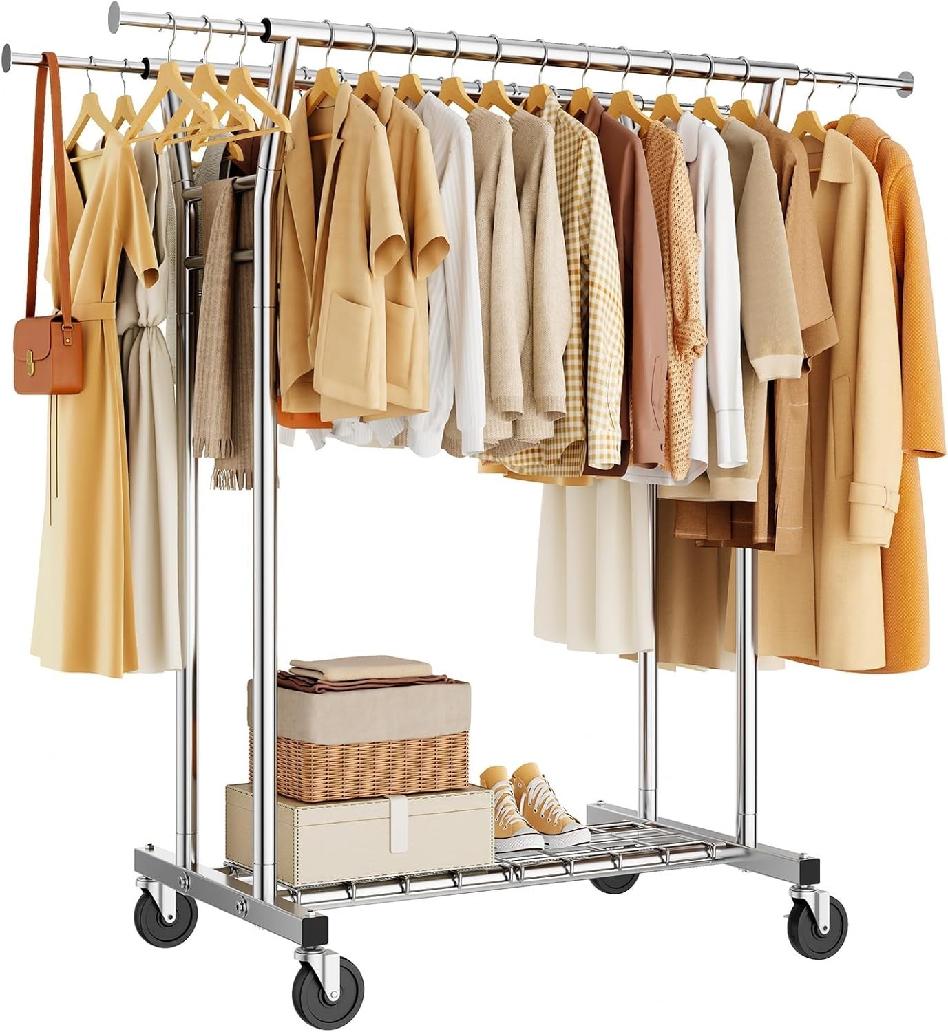 Heavy Duty Clothes Rack, Rolling Garment Storage with Shelves, Supports 700LBS