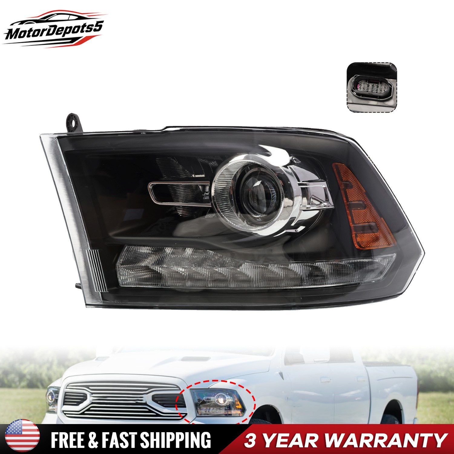 LED Projector For 2013-2018 Dodge Ram 1500 2500 3500 Headlight LH Driver Side