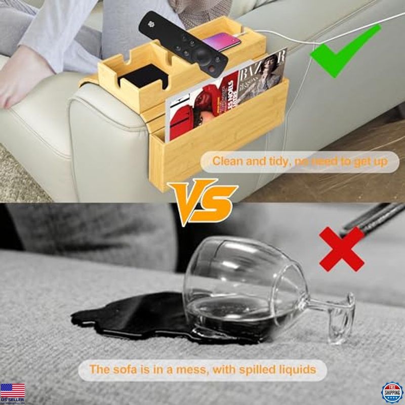 MinBoo Foldable Bamboo Couch Arm Table Tray with Storage Pocket & Cup Holder