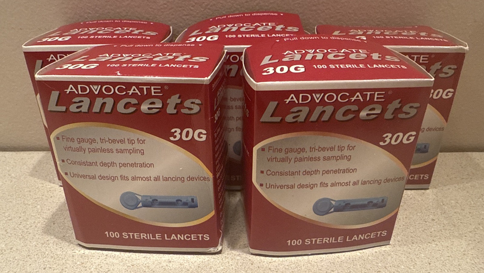 Lot of 5 100 Packs (500 Total) Advocate Sterile Lancets 30G Twist Top.  NEW